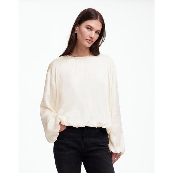 M222 NWT Madewell Long-Sleeve Bubble-Hem Top in Satin - MSRP $98 - Size 6 - Picture 1 of 5